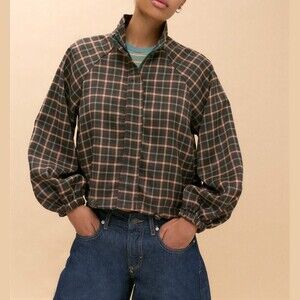 Brown Plaid Zip Front Stand Collar Cropped Blouson Bomber Jacket